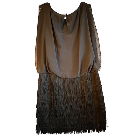 Aidan By Aidan Mattox Black Chiffon & Fringe Sexy Mini Dress Sz‎ 6 Mob Wife Goth - Picture 15 of 16